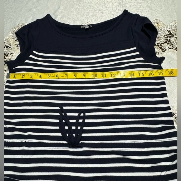 Talbots Women LP Stretchy Striped Navy Blue/White Shirt Sleeve Maxi Dress Slits - Picture 5 of 13